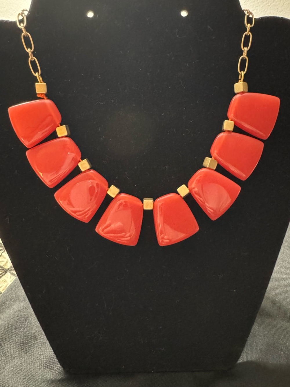 Bold Red Acrylic Statement Necklace - Goldtone Paperclip Chain Modern